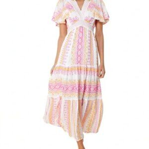 Hale Bob Pruie Maxi Dress in Pink Embroidered Pink Orange White Size Medium